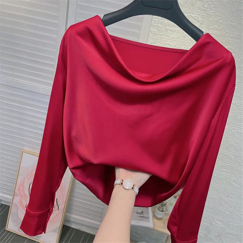 

Streetwear Spring fashion Elegant artificial silk Blouse Autunm Long Sleeves Acetate satin Tops Summer swinging collar Shirts