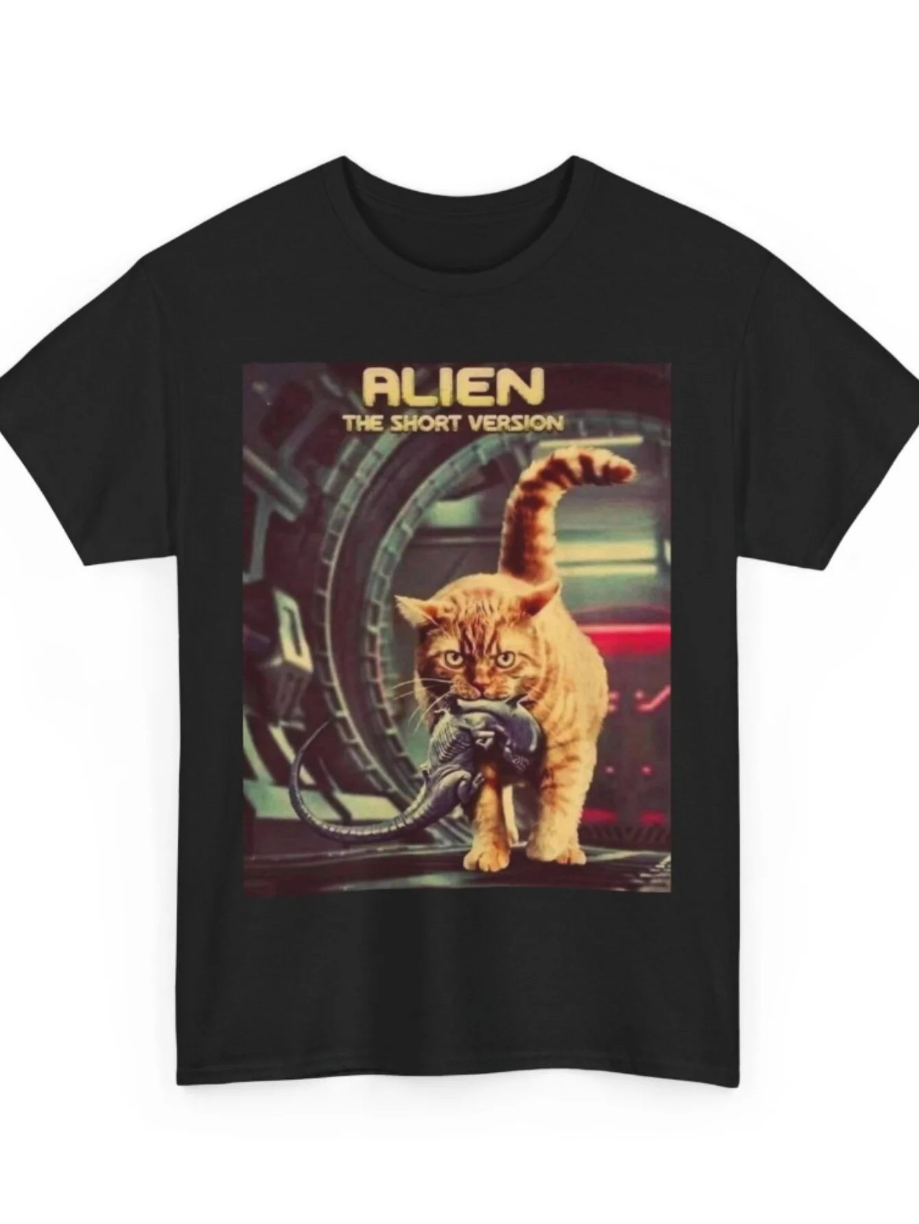 Alien Cat The Short Version Graphic Tee Men's Breathable Casual Cotton T-Shirt Sci-Fi Movie Parody Gift