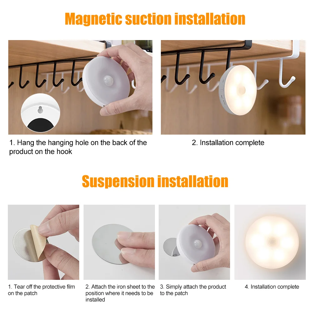 Motion Sensor LED Night Light USB Charged Bedroom Round Bedside Lights Stairs Hallway Cabinet Circle Magnetic Base Wall Lamp