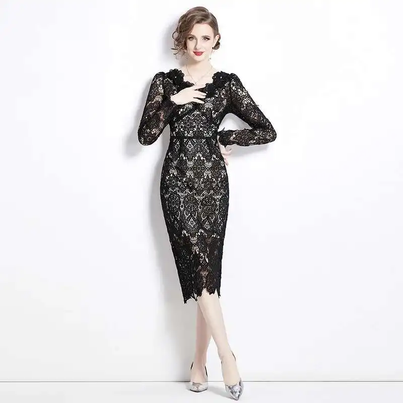 Summer Autumn Holiday 3D White Flower Embroidery Bridesmaid Wedding Dress Women Sheath Prom Evening Pencil Midi Dresses Black