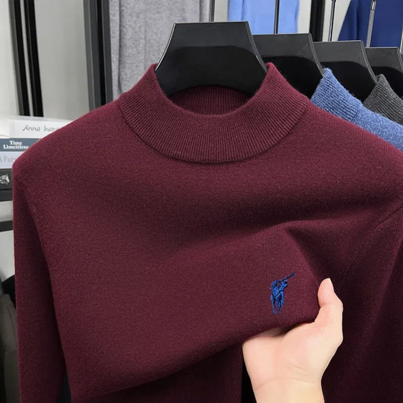 Nuevo Otoño e Invierno 100% suéter de cuello alto de lana gruesa para hombres suéter de lana con Base de punto con logotipo de caballo pequeño informal americano
