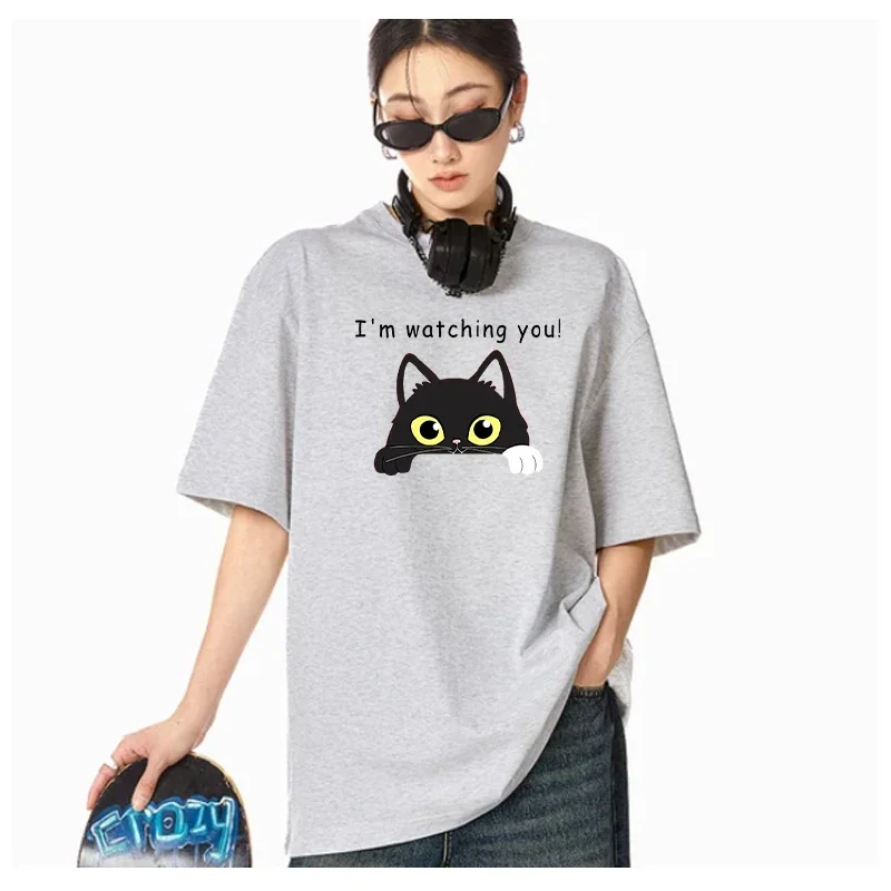 Cat T-shirt Animal Pet Love Style Clothes Summer Women Short Sleeve Ladies Print Fashion Women's Pattern Slightly Stretch Fabric