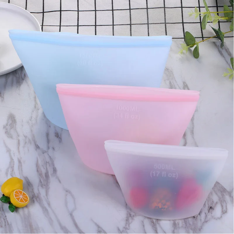 

1Pc 500ml/1000ml/1500ml Silicone food storage bag reusable self-supporting zipper bag leakproof container fresh-keeping bag food