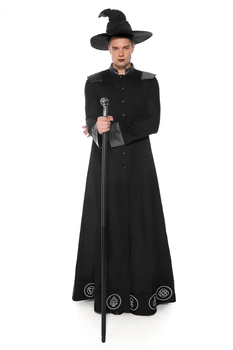 Medieval Catholic Church Religious Adult Men Black Wizard Dress Halloween Dark Sorcerer Robe Religious Priest Cosplay Costume