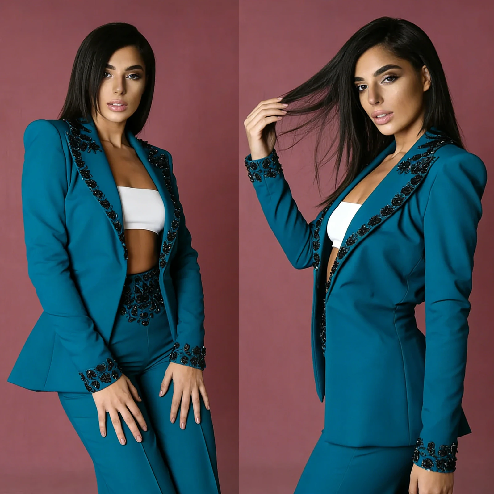 

Элегантный женский костюм-двойка с кристаллами и бисером, приталенный, для церемоний, свадеб, вечеринок, наряд для мамы, индивидуальный пошив