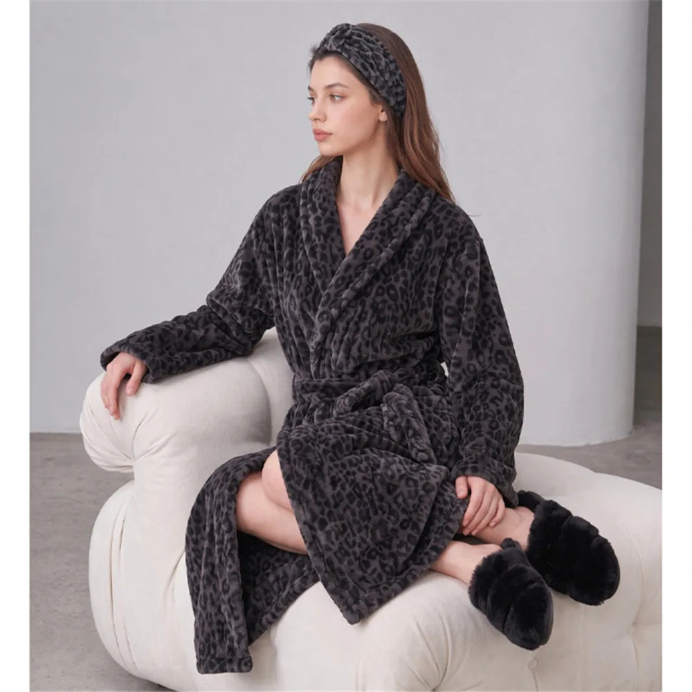 Thicken Leopard Coral Fleece Long Robe Women's Sleepwear Loungewear Flannel Bathrobe Home Dress Winter Loose Nightwear