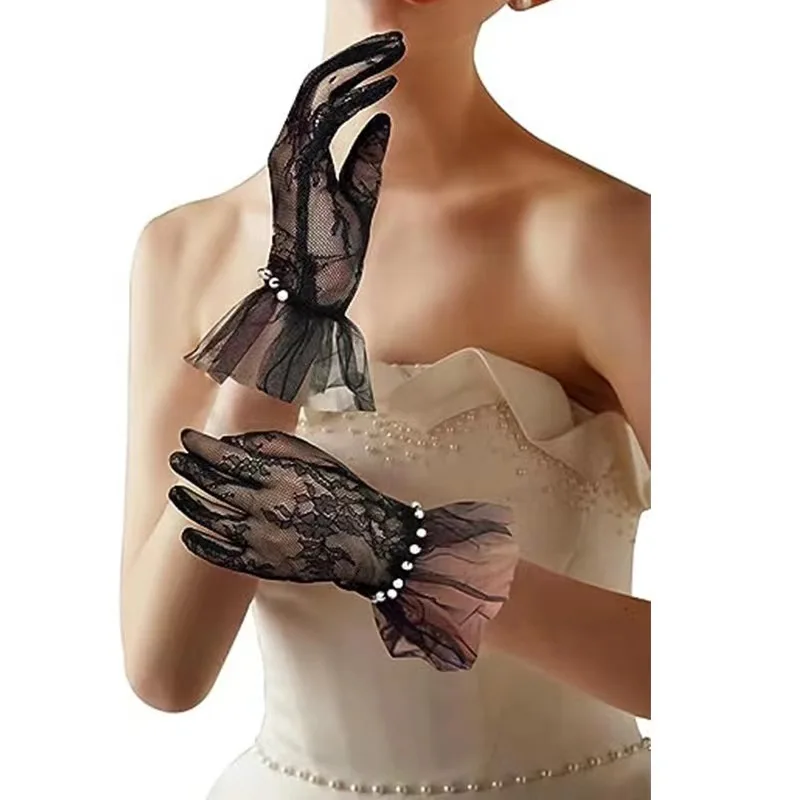 Short Lace Bridal Gloves Factory Price Wedding Party Finger Gloves for Brides Wedding Gloves with Pearls Accessories