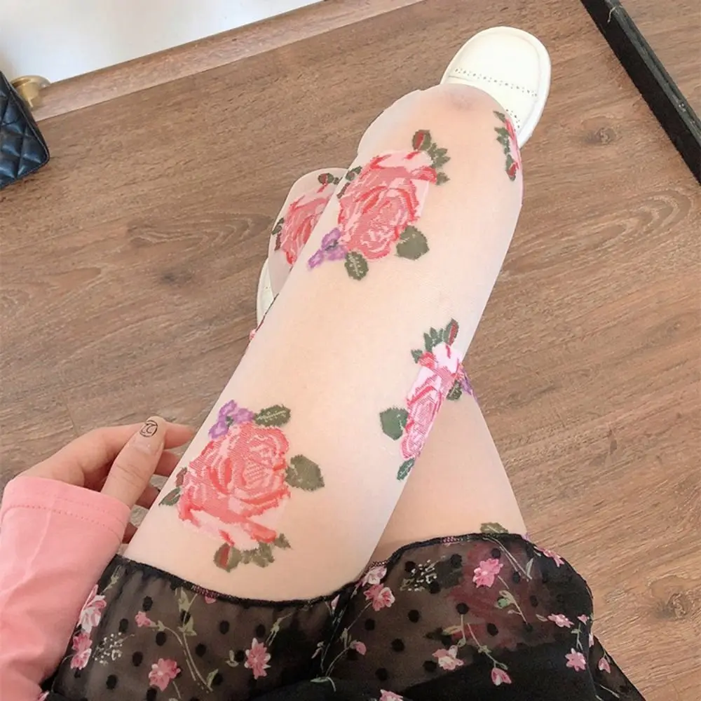 

Female Hosiery Embroidery Lolita Stockings Pink/Black Thin Floral Tights Rose Mesh Pantyhose Daily