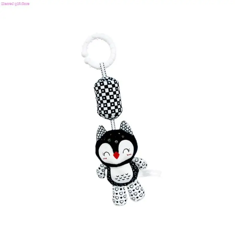 D0JC Gancio per culla per lo sviluppo infantile Nero Bianco Peluche Animale Stimolazione sensoriale uditiva Sonaglio per Decori