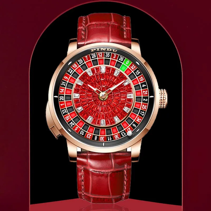 PINDU المألوف والنبيلة الأحمر الأعلى الرجال ساعة ميكانيكية NH35 زر القمار الجدول لعبة الروليت الساعات مؤشر ساعة الياقوت