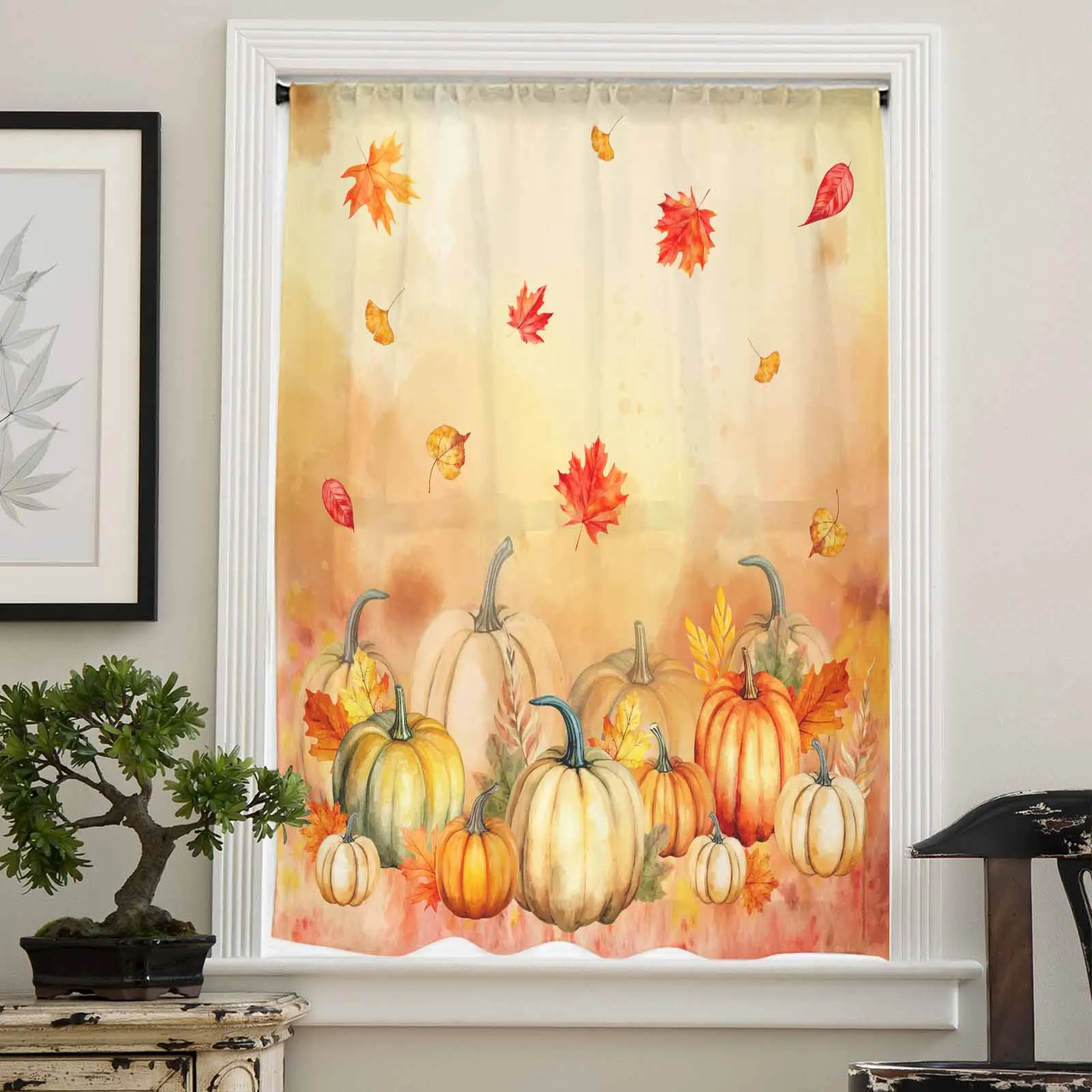 Thanksgiving Plants Pumpkin Ginkgo Leaf Watercolor Sheer Curtain Living Room Drapes Home Voile Curtain Tulle Window Curtain