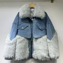 Denim Parkas Female 2023 Autumn Winter New faux Fur Coat for Women mid length warm outerwear Y4477