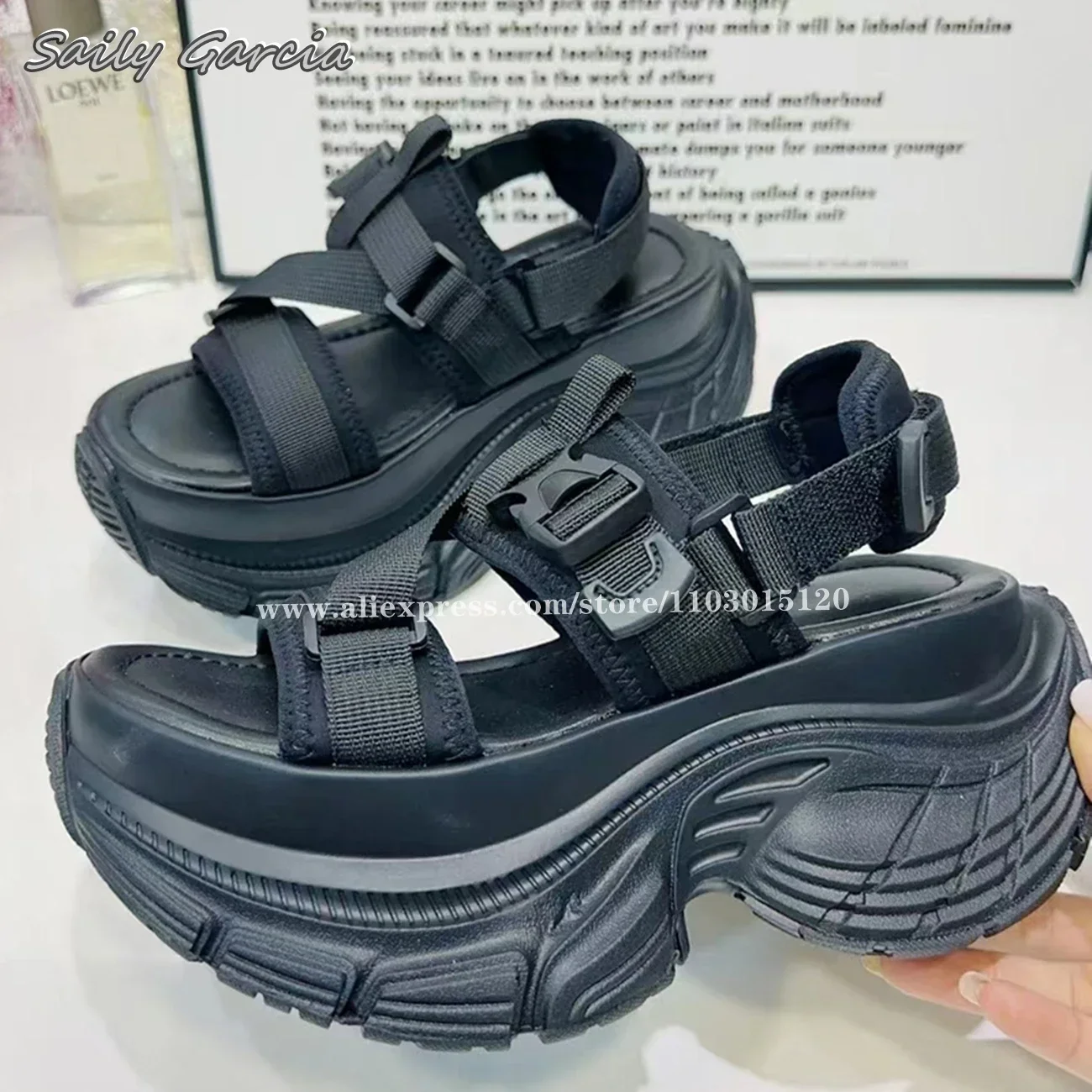 Open Toe Hook&Loop Thick Sole Increase Height Sandals 2025 Summer NEW All-Match Casual Beach Sandals Solid One Word Belt Sandals