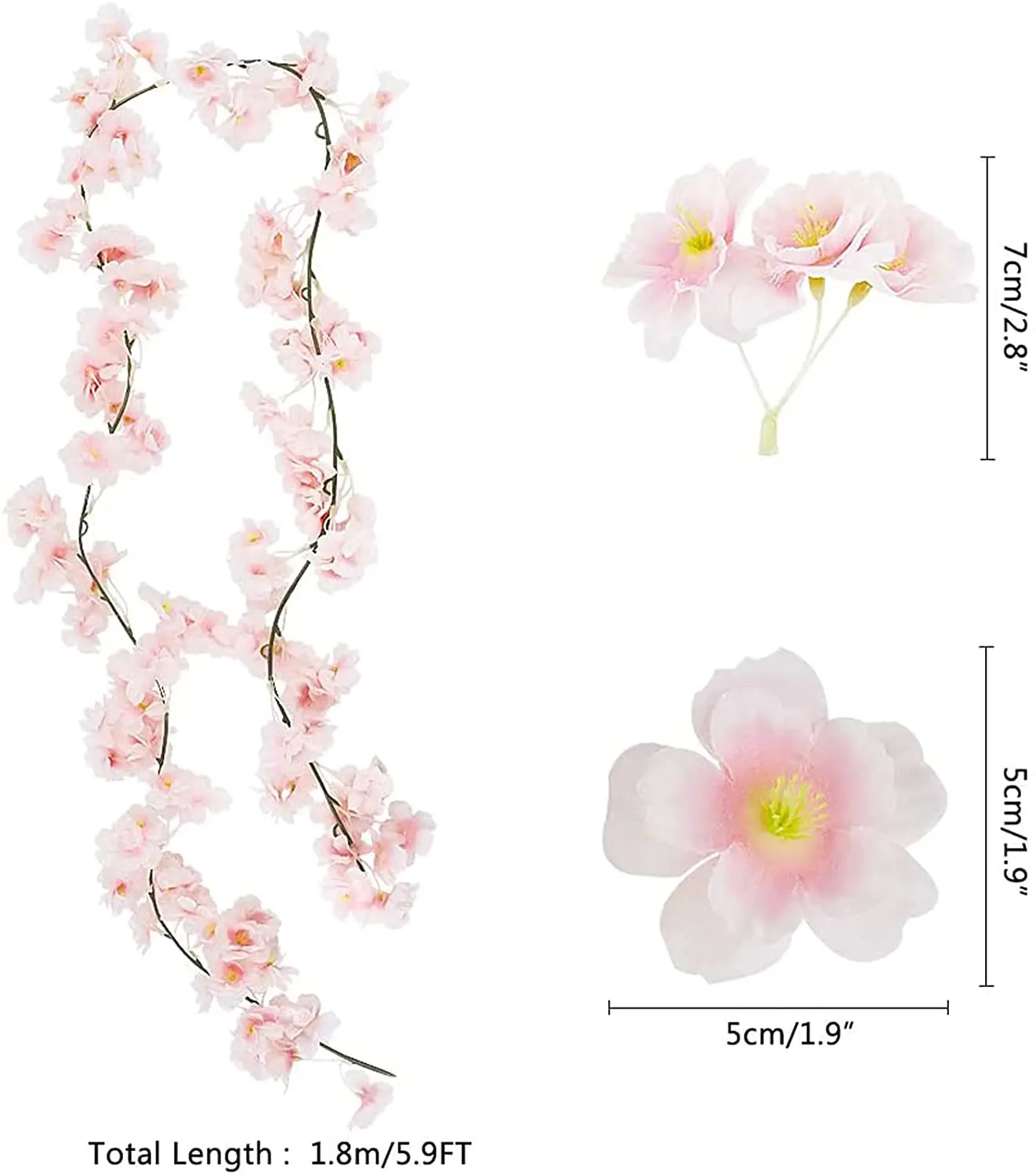 180 cm 135 Köpfe künstliche Kirschblüten-Blumenrebe, hängende Blumengirlande für Hochzeit, Party, Heimdekoration, japanisches Kawaii-Dekor