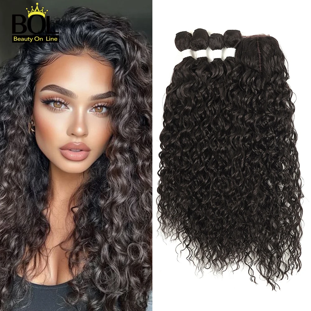 

BOL Synthetic Kinky Curly Water Wave 4 Bundles with Closure High Temperature Fiber Ombre Blonde Hair Extensions 260g for Women