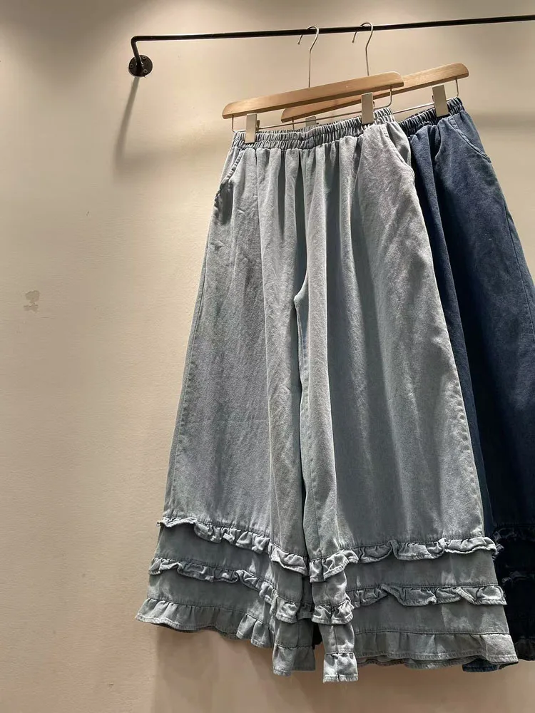 

Summer 2025 Women's Wide Leg Pants Elastic Waist Hem Trim Splicing Jeans Casual Trousers Cotton High Waist Long Straight Tube