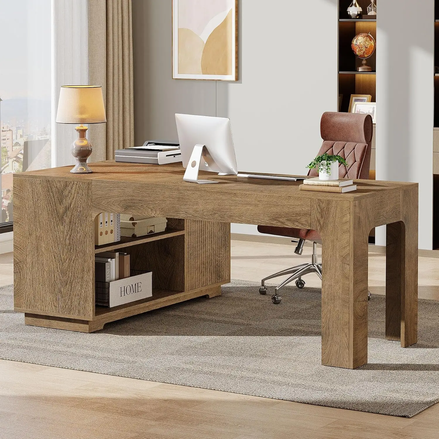 L-Shaped Desk with Storage Cabinet, 59-Inch Farmhouse Corner Computer Desk with Open Storage Shelves, Home Office,, Customized