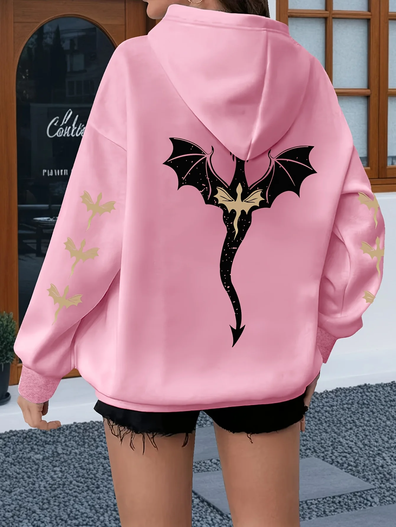 [Толстовка с рисунком дракона] Удобная женская толстовка с рисунком дракона больших размеров — повседневный пуловер с длинными рукавами и карманом-кенгуру,