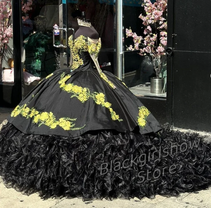 Robe de Quinceanera en dentelle à volants avec appliques en cristal, jaune, noir, princesse, luxueux, Mexique, Charro, 2024, 2024