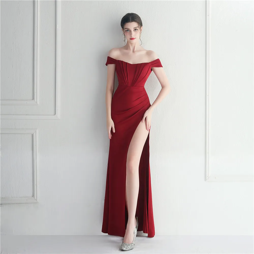 Women's Strapless Boat Neck Evening Dress Slit Sexy Open Back Slim Sweet Fresh Dress Wedding Dinner Dress