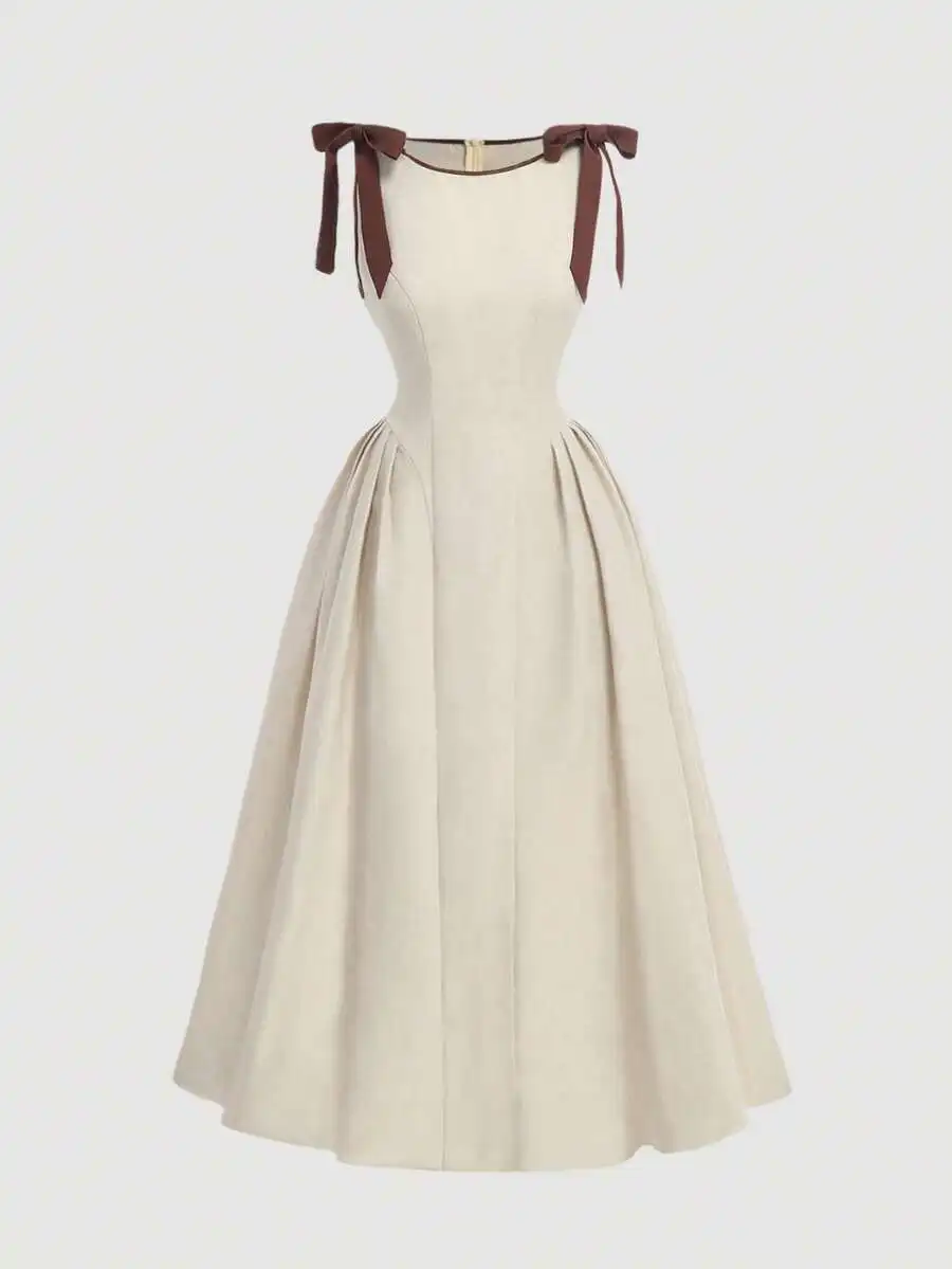 

Cream Sleeveless Dress with Brown Bow Necktie and Flared A-Line Skirt