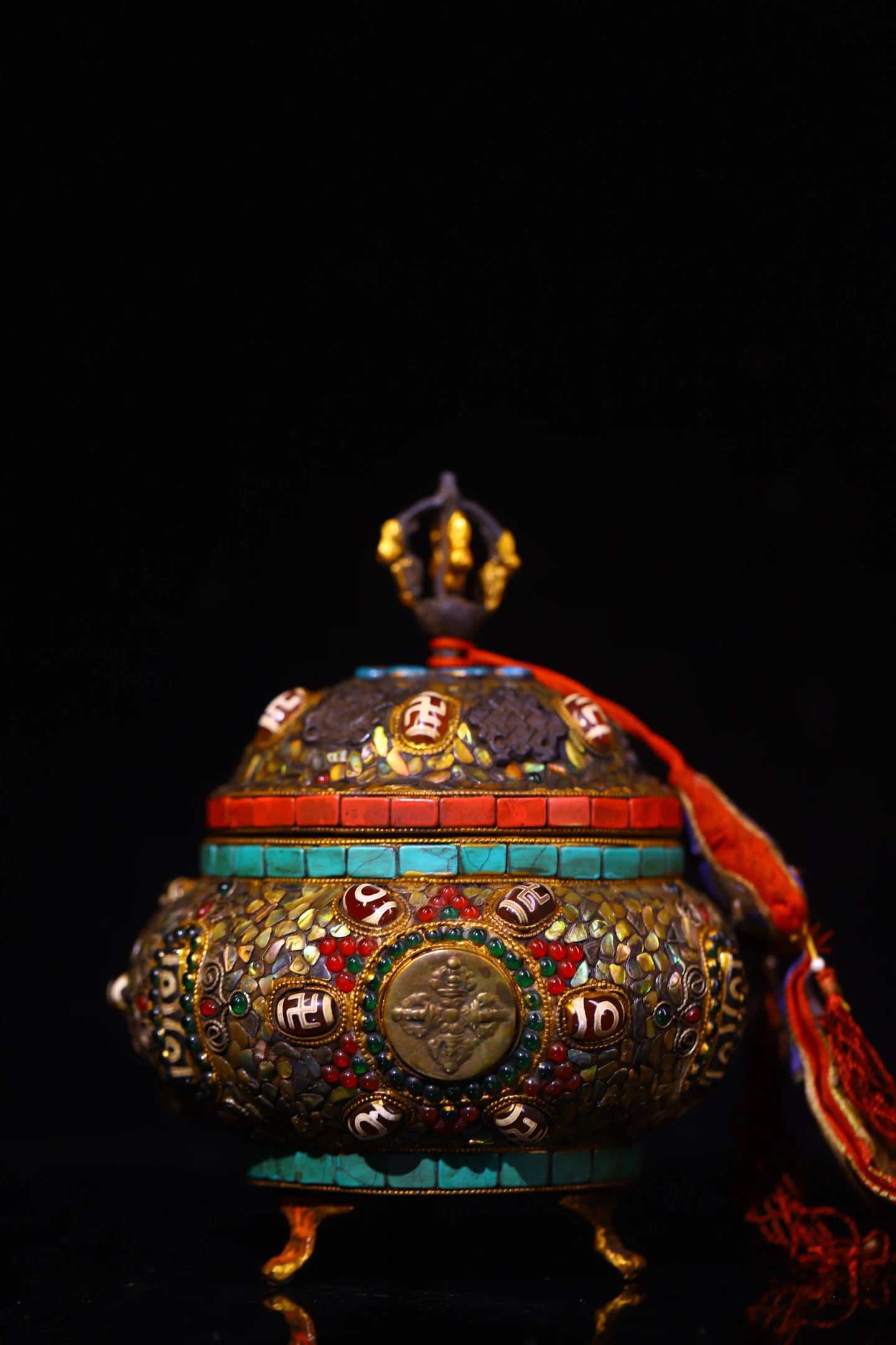 

7"Tibetan Temple Collection Old Bronze Mosaic Gem Turquoise Lucky Eight Treasures Incense Burner Vajra pattern Buddha furnace