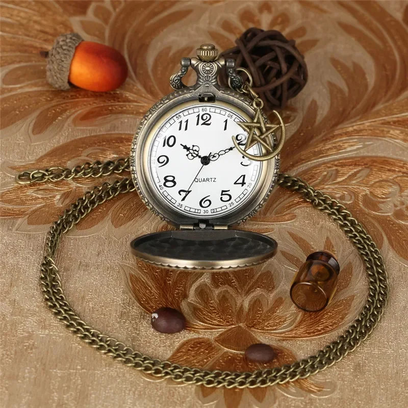 Retro Turkey Flag Design Antique Quartz Pocket Watch Necklace Pendant Chain for Men Women with Moon Star Accessory Timepiece