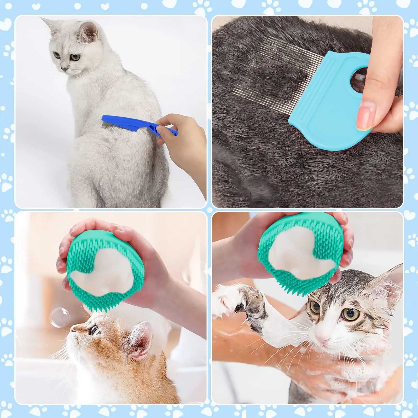 8Pcs Cat Brush Grooming Kits, PFlea Comb, Pet Shampoo Bath Brush, Pet Shedding Brush, Silicone Toothbrush