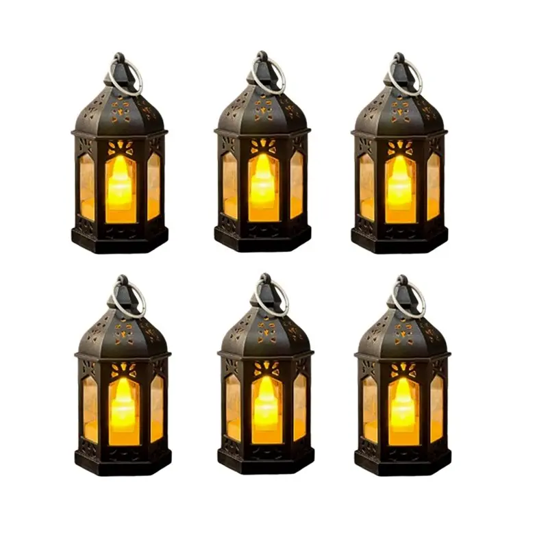 ABUG-6 Mini Lantern With Flickering LED Candles,Vintage Black Decorative Hanging Candle Lanterns For Halloween,Wedding