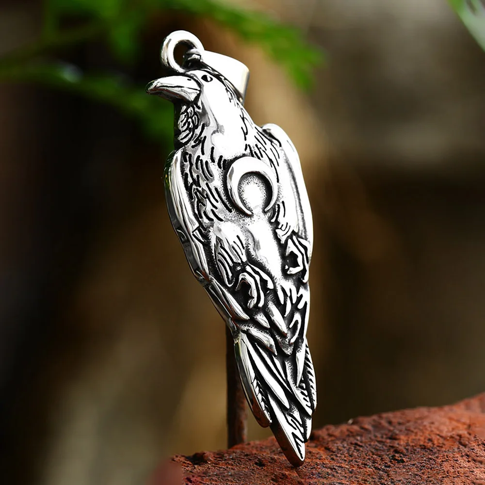 Vintage Nordic Viking Raven Pendant Necklace For Men Boys Stainless Steel SanLan Moon Necklaces Fashion Charm Jewelry Wholesale