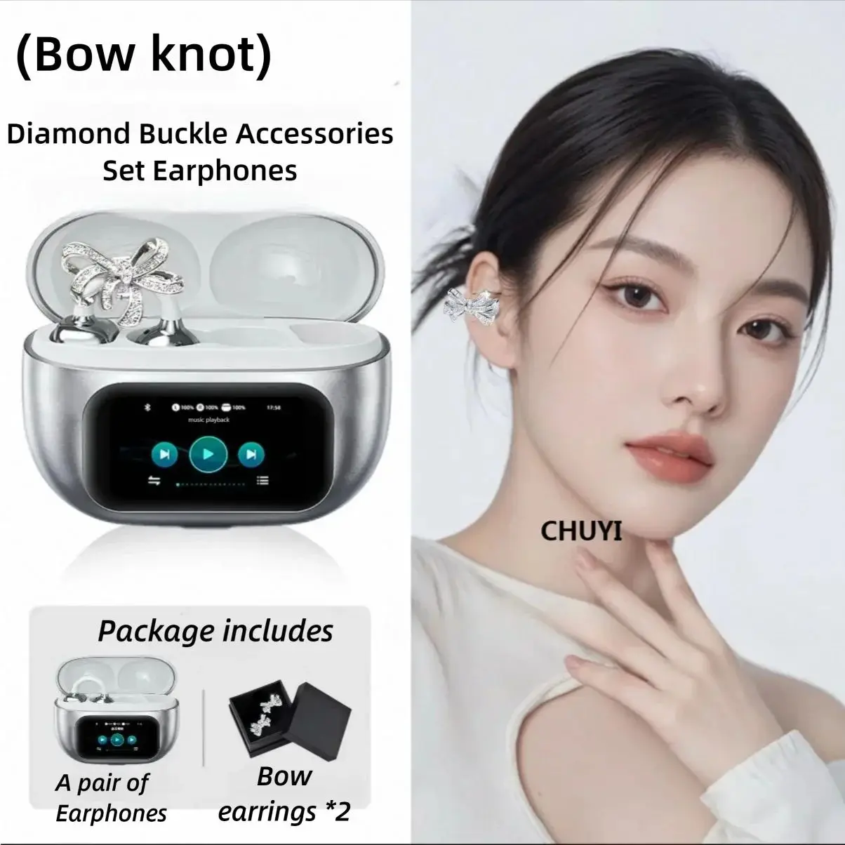 

Ear Clip Jewelry Wireless Earphones With A Pair of Bow Earrings Bluetooth 5.4 AI Translation Touchscreen TWS Earbuds Girls Gift