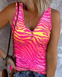 2024 Summer Zebra Stripe Casual Fashion Slim Fit Printed Button Front Tank Top