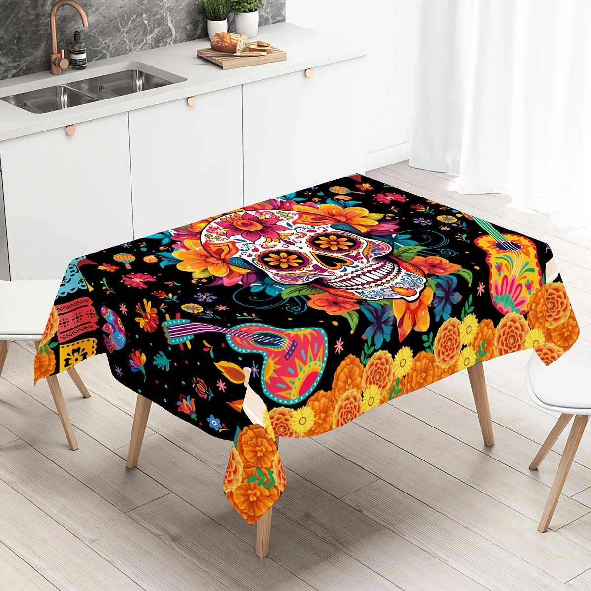 1pc, Day of the Dead Theme Tablecloth, Colorful Sugar Skull Guitar Marigold Design Rectangle Tablecover, Mexican Fiesta Party De