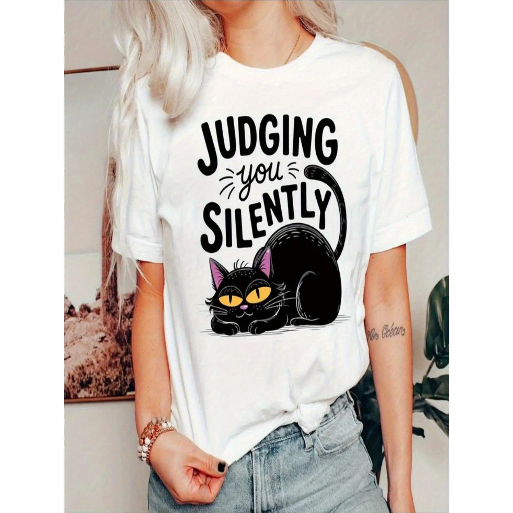 

"Funny Judging Cat T-Shirt. Women Men Silently Sarcastic Graphic Tee. Black Cat Lover Gift. Pet Owner Humor Print Top."