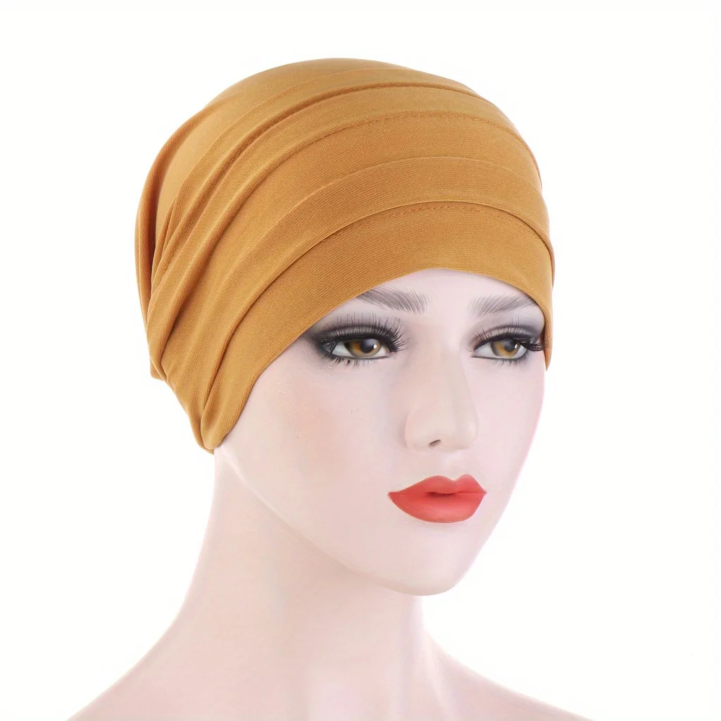 Solid Color Turban Lightweight Head Scarf Ramadan Head Wrap Breathable Elastic Beanie Cap Chemo Hat