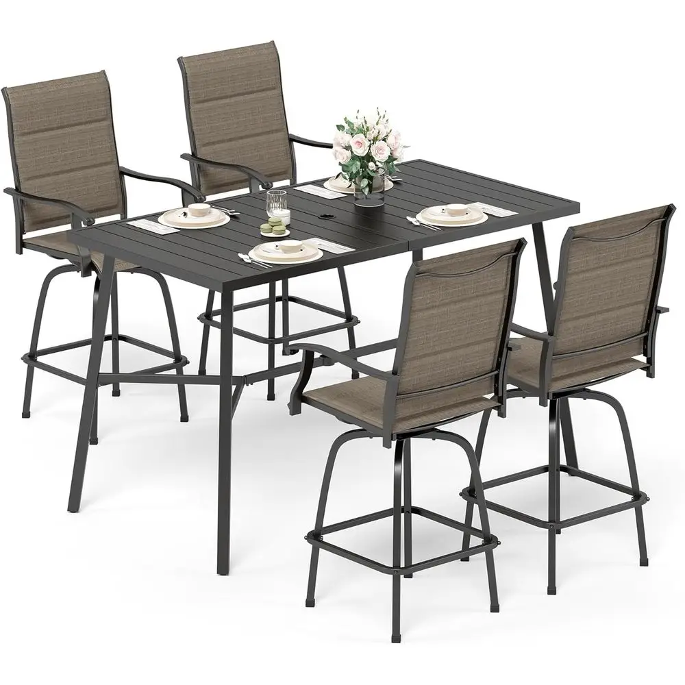 

4-Piece Outdoor Patio Bar Set with Swivel Chairs and Brown Cushions