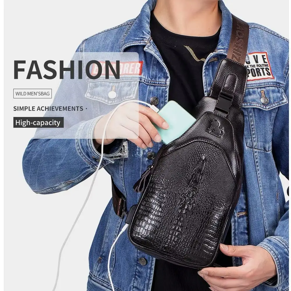 Men's chest bag head layer leather crossbody crocodile large capacity multi-function with USB chest bag
