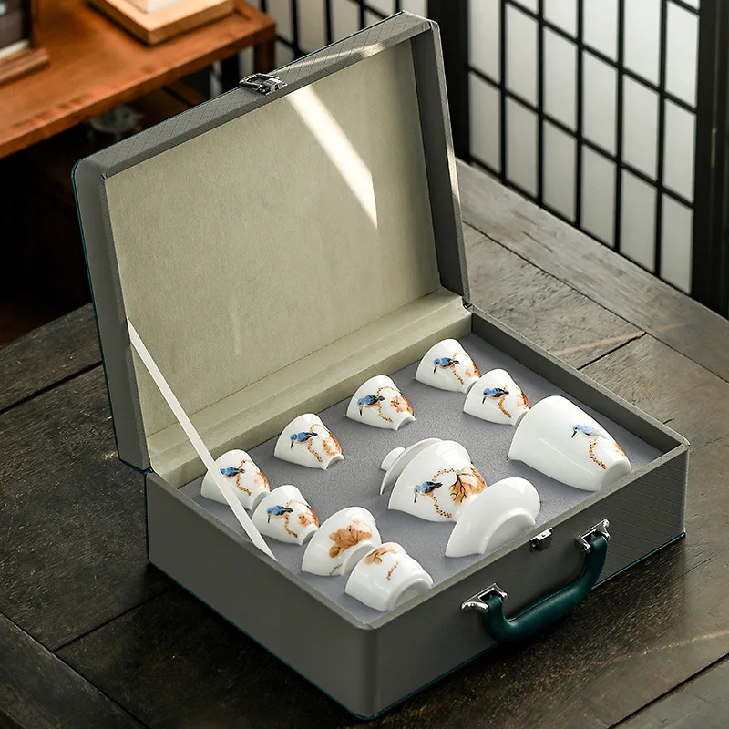 White porcelain tea set, hand-painted bird kung fu tea cup gift box, household light luxury souvenir