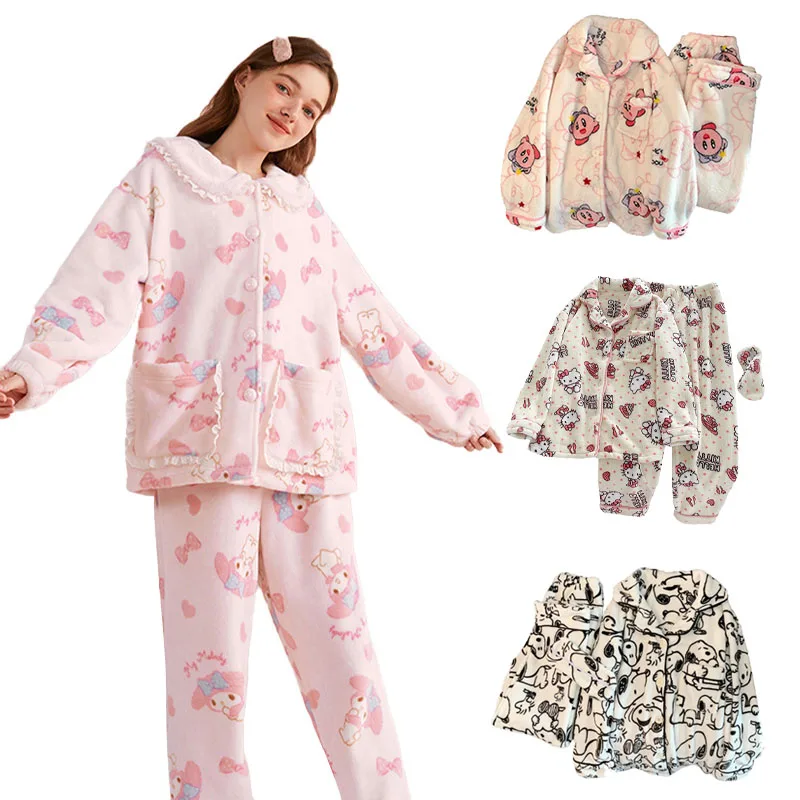 Kawaii Girly Hellokittys Plush Pajamas Set, Comfortable, Soft, Large Size, Plus Velvet, Thickened, Warm Home Clothes for Women