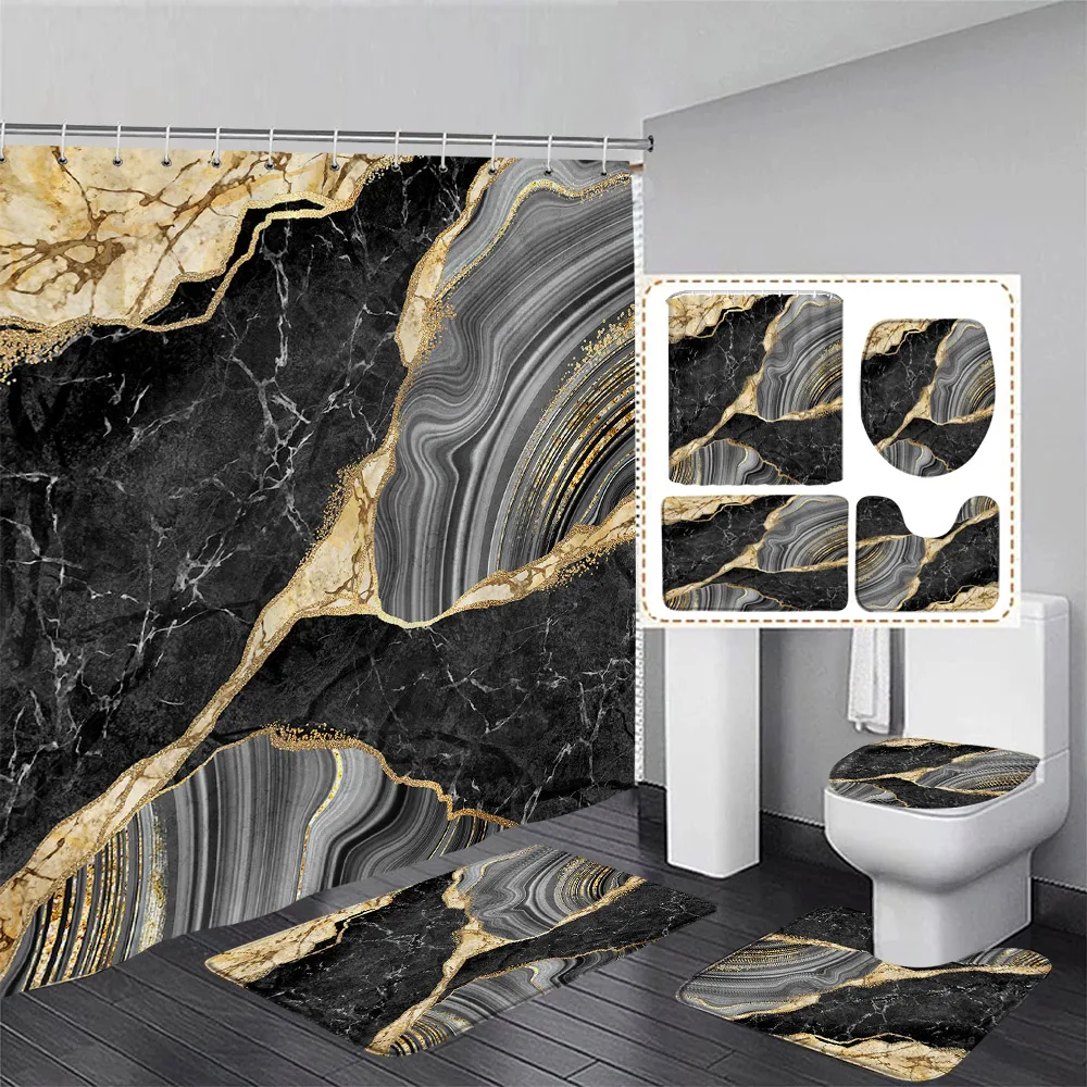 Abstract Marble Shower Curtain Set Gold Lines Black Grey Pattern Modern Luxury Home Bathroom Decor Non-slip Rug Toilet Lid Cover