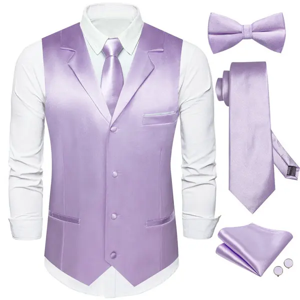 Men Plain Lapel Vest 5 In 1 Outfit Set Waistcoat Necktie Bowtie Hanky Cufflinks Formal Party Dress Match