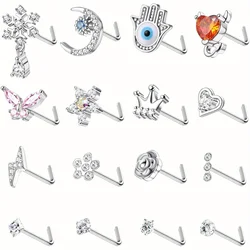 CASSIECA 1PC 20G Stainless Steel Nose Rings L Shaped for Women Men Nose Studs Cubic Zirconia Moon Heart Rhinest Piercing Jewelry