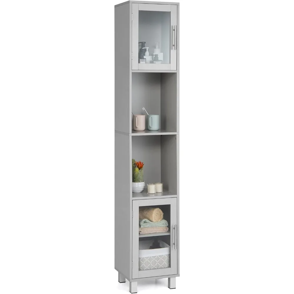 

Bathroom Cabinet, Home Living Room Wood Storage Cabinet Freestanding w/ 4 Shelves and 2 Glass-Paneled Doors