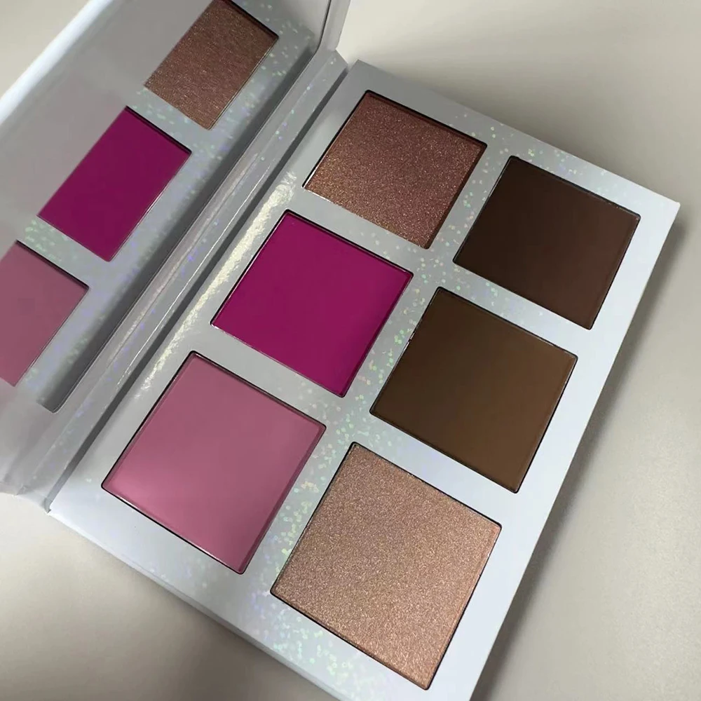 Palette de contour de fard à joues à reflets de 6 couleurs, marque privée, Logo personnalisé, éclaircissant, longue durée, imperméable, maquillage, vente en gros, sans cruauté