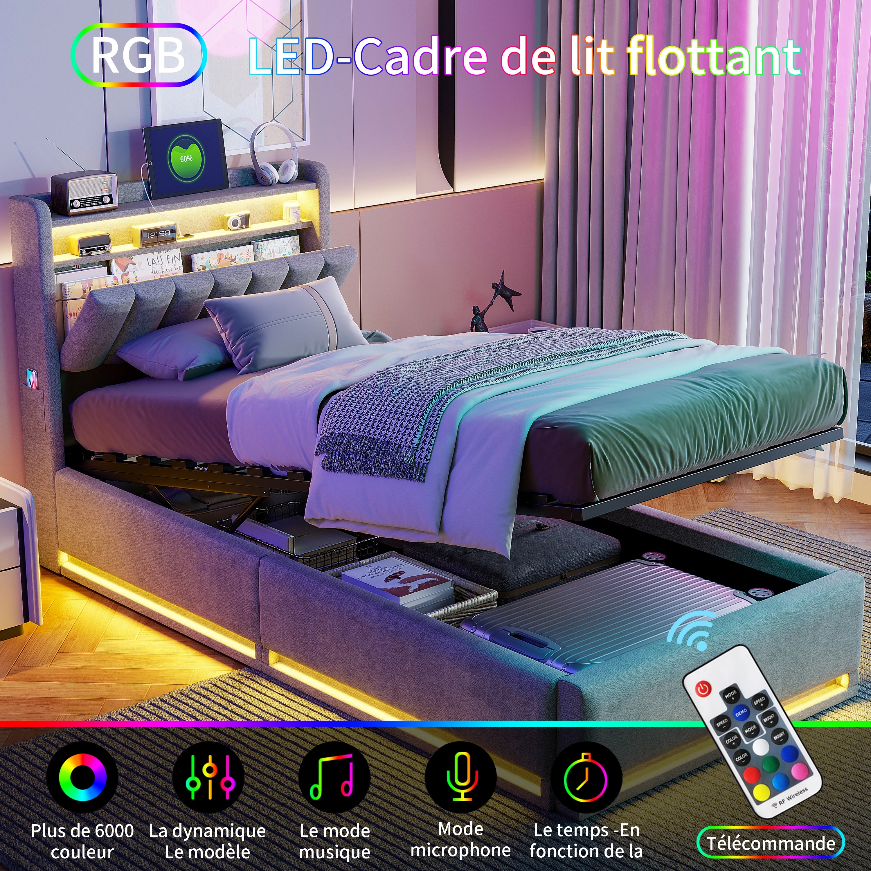 Rosahqnda Doppelbett,Kopfteil mit LED-Beleuchtung,USB-Anschlüssen et Ablagefach,Stauraumbett,Gästebett,Jugendbett,Samtstoff
