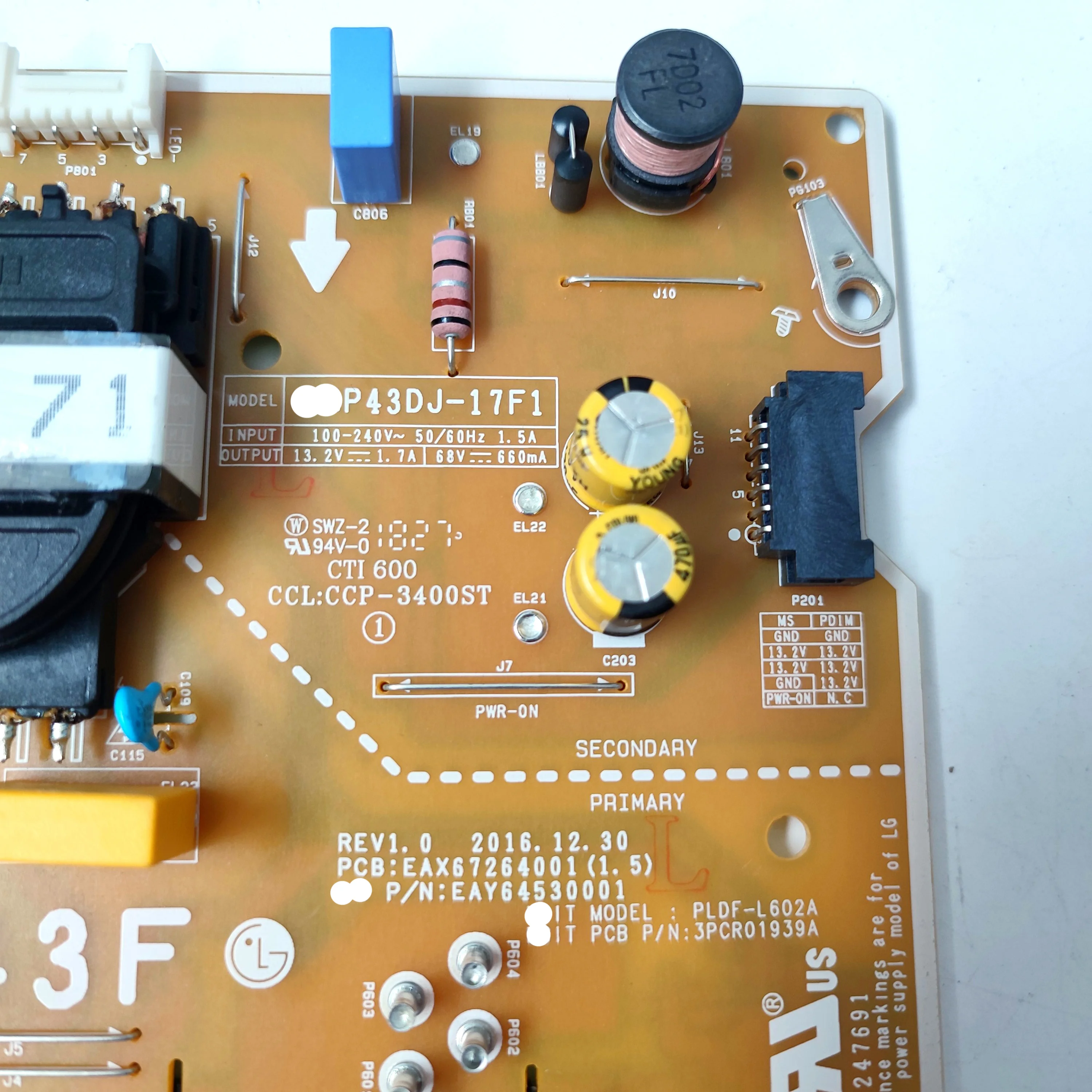 Brand New EAX67264001(1.5) EAY64530001 P43DJ-17F1 REV 1.0 Power Supply Board for 43LJ5500-UA 43LK5700PUA 43LM5700PUA 43LM5700DUA