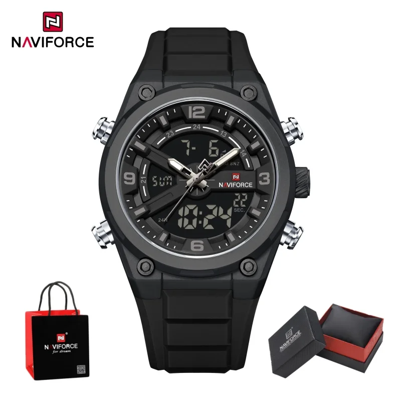 NAVIFORCE Men Dual Display Sport Watch 3ATM Waterproof Silicone Strap Quartz Luminous Date Week Male Clock Wristwatch Gifts box