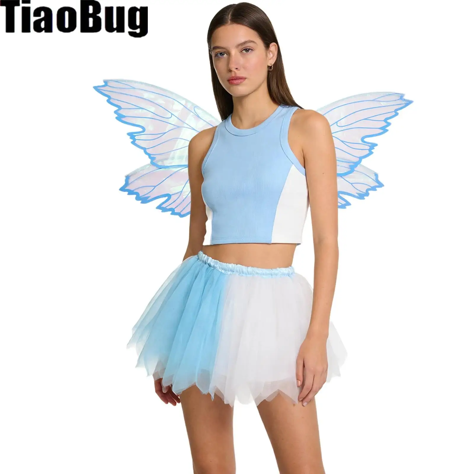 

Two Piece Women Butterfly Fairy Wings Set with Elastic Waistband Tulle Skirt for Theme Party Stage Performance