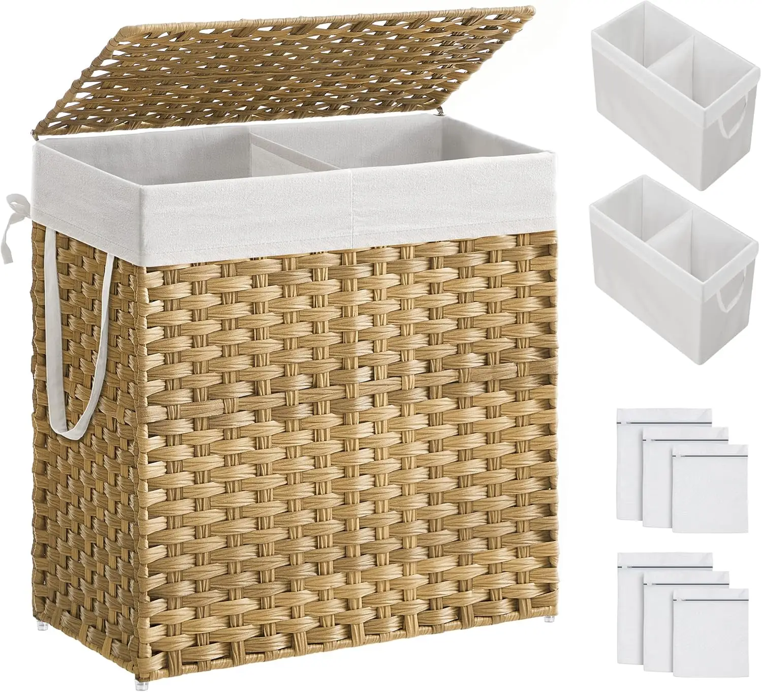 

Корзина для белья 110 л с крышкой, 2 съемными вкладышами и 6 сетчатыми мешками, плетеная корзина для хранения в ванной комнате