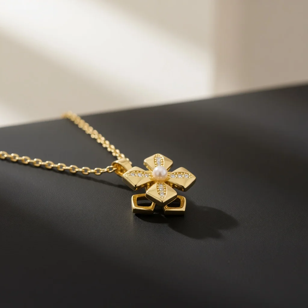 Elegant Rotatable Clover Flower Necklace Zircon Inlaid Petals Central Pearl Classic Fashion Jewelry Ornament Gift For Women